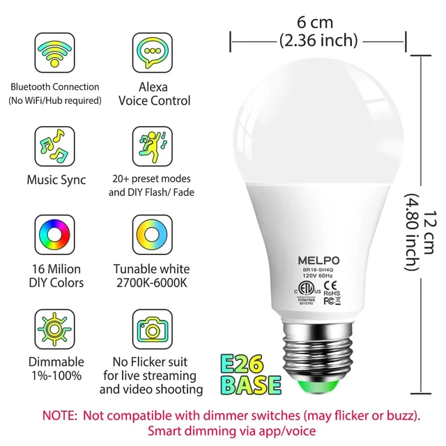 Alt view image 2 of 7 - Smart RGB Light Bulbs Compatible with Alexa, 12W(130W Equivalent), 2700K-6000K