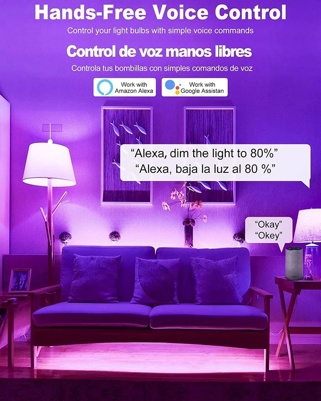 Alt view image 2 of 7 - Smart Light Bulbs, Color Changing LED Bulbs for Alexa and Google Assistant, 2.4GHz WiFi and Bluetooth with Music Sync, E26 A19, 120V, 4 Pack