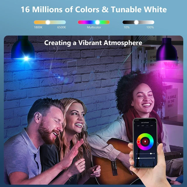 Alt view image 2 of 7 - Smart WiFi & Bluetooth Alexa Light Bulbs, 10W (100W Equivalent) Color Changing Light Bulbs with Music Sync,Compatible with Alexa Google Home Siri, A19 E26 900LM 4Pack