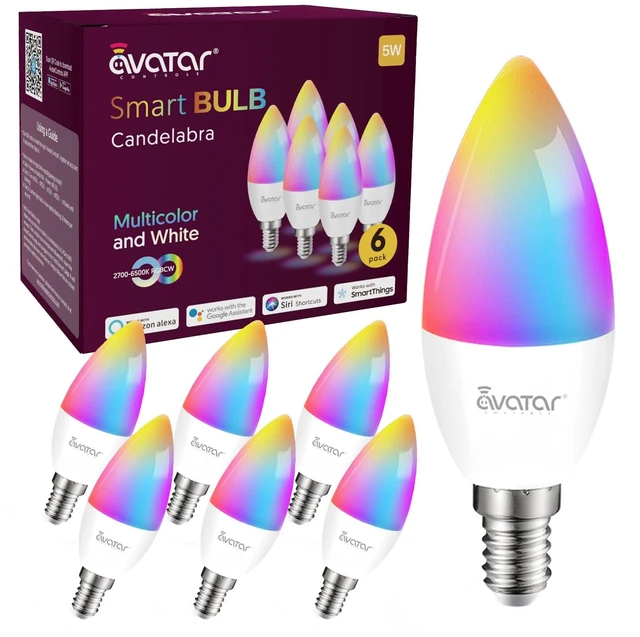 Main image of 6 Pack E12 Smart Candelabra Light Bulbs RGB + Tunable White Type B Smart LED Bulb Music Sync, Schedule & Group Control, Candle Bulb Compatible with Alexa & Google Home for Chandelier, 5W (50W Eq.)