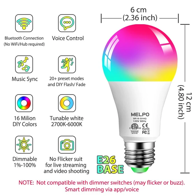 Alt view image 2 of 7 - Smart Light Bulbs, 1300LM Color Changing Light Bulb, E26 Smart Bulbs | 16 Million Colors, Tunable White Alexa Light Bulbs, Music Sync, DIY Flash, Timing, A19 130W Equivalent, No WiFi Required.