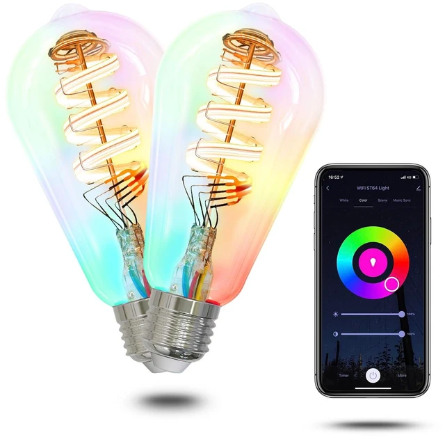 Main image of Smart Edison Light Bulb, ST64 WiFi LED Color Changing Dimmable, 2 Pack | ST21 2700K-6500K tunable white, 5W 470lm 40W equivalent, 2.4GHz WiFi only, Smart Life Tuya app, Alexa and Google Home
