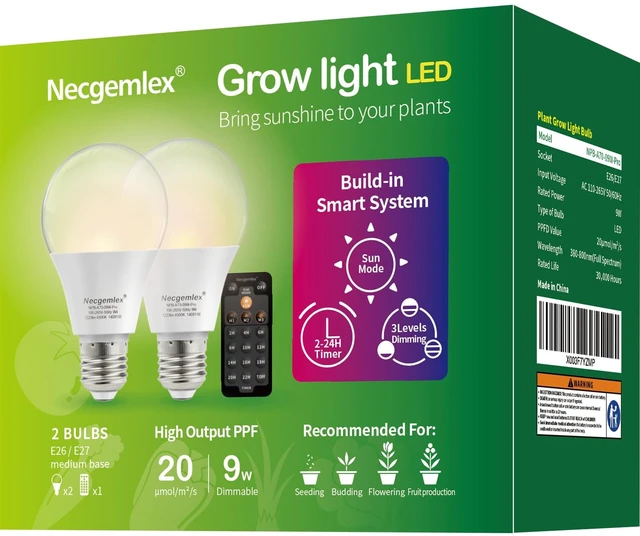 Main image of Smart Grow Light Bulbs for Indoor Plants, Programmable Timer and Dim | Full Spectrum Plant Grow Bulbs, Dimmable, 9W, E26/27, 4500K, Remote Control, Sun Mimics Mode, Daily Auto On/Off, 2Pack