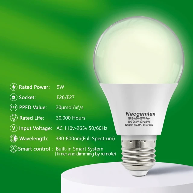 Alt view image 2 of 6 - Smart Grow Light Bulbs for Indoor Plants, Programmable Timer and Dim | Full Spectrum Plant Grow Bulbs, Dimmable, 9W, E26/27, 4500K, Remote Control, Sun Mimics Mode, Daily Auto On/Off, 2Pack