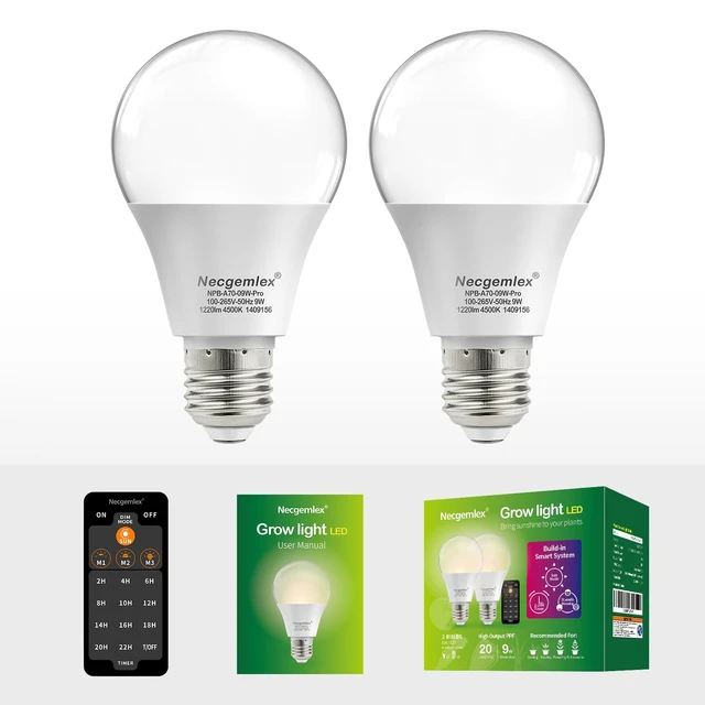 Alt view image 6 of 6 - Smart Grow Light Bulbs for Indoor Plants, Programmable Timer and Dim | Full Spectrum Plant Grow Bulbs, Dimmable, 9W, E26/27, 4500K, Remote Control, Sun Mimics Mode, Daily Auto On/Off, 2Pack