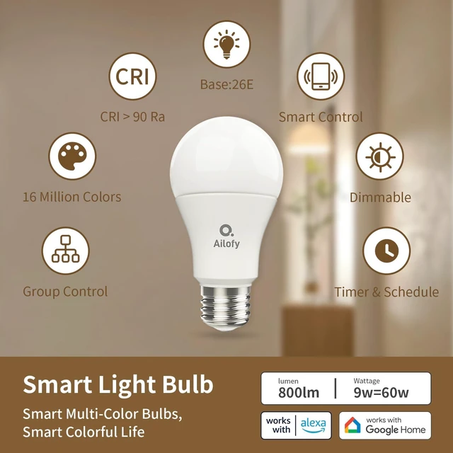 Alt view image 2 of 6 - LED Light Bulbs, Smart Light Bulbs that Compatible with Alexa & Google Assistant, Color Changing Light Bulb, WiFi Light Bulbs, A19 E26, 9W 800LM, 1800K-6500K Tunable White, 2 Pack