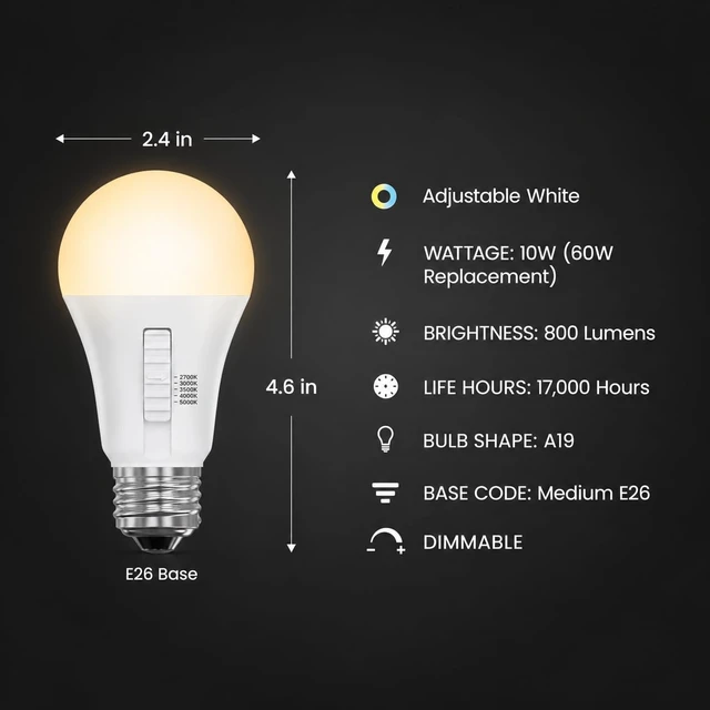 Alt view image 2 of 7 - A19 LED Light Bulb, 60W EQ, 5CCT 6Way, 800 Lumens, 10-Pack | Adjustable White (2700K-5000K), Dimmable, E26 Base, 90+ CRI, 15,000-Hour Lifetime, Damp Rated, General Purpose Light Bulbs