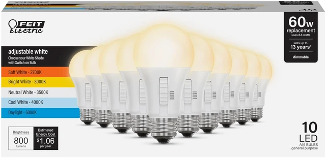 Main image of A19 LED Light Bulb, 60W EQ, 5CCT 6Way, 800 Lumens, 10-Pack | Adjustable White (2700K-5000K), Dimmable, E26 Base, 90+ CRI, 15,000-Hour Lifetime, Damp Rated, General Purpose Light Bulbs