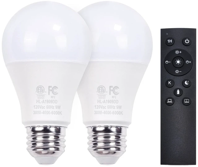 Main image of A19 LED Remote Control Bulbs, 800LM 9W, Equivalent to 60W Bulbs, Dimmable Bulb with Remote Control 3000K-6000K, E26 Base, CRI 80+,2.4GHz, Lifespan Over 25,000 Hours (9W-1 Remote-2 Bulb)
