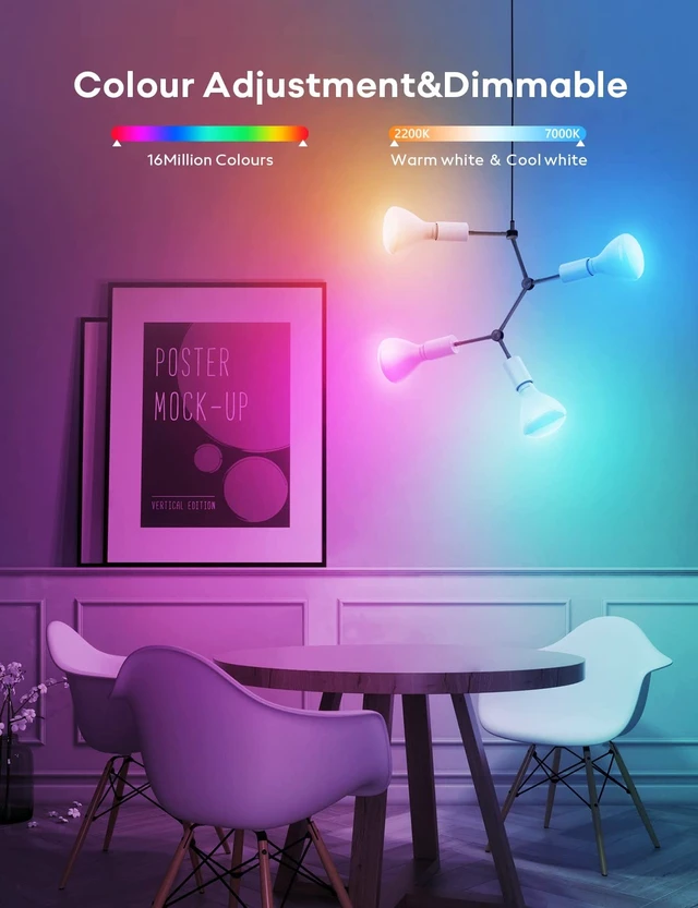 Alt view image 4 of 7 - Smart Light Bulbs 3Pack, BR30 RGBW Color Changing Light Bulb Works with Alexa, Apple Homekit and Google Assistant, Multicolor 2200K-7000K Dimmable, 800 Lumens 9.5W (60W Equivalent) E26 Base