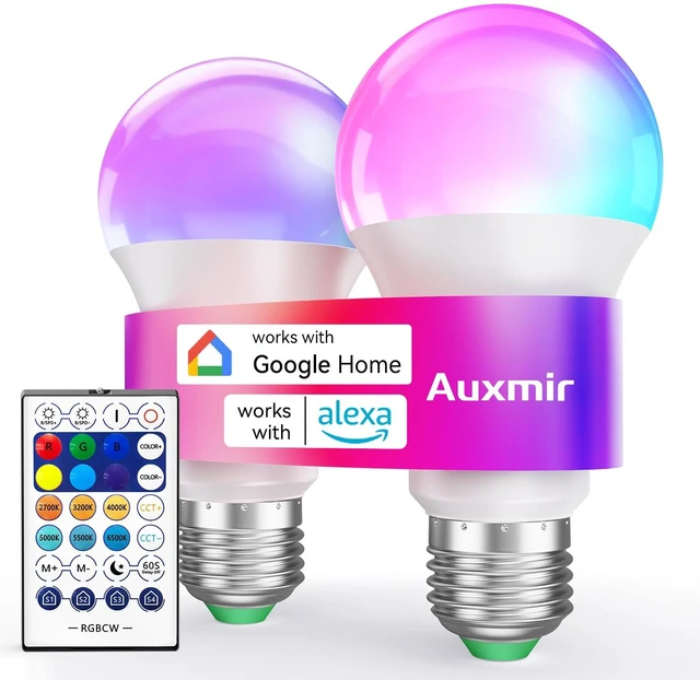 Main image of A19 Smart Light Bulbs with Remote, RGB+CCT Color LED Bulbs, 2-Pack | E26, 9W 800LM 60W equivalent, works with Alexa and Google Assistant, Bluetooth, 2700K-6500K, music sync, no hub required
