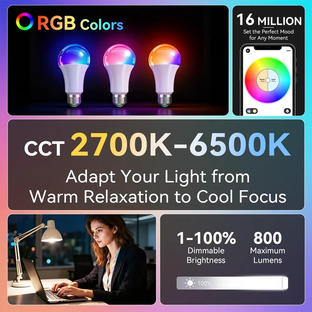 Alt view image 7 of 7 - A19 Smart Light Bulbs with Remote, RGB+CCT Color LED Bulbs, 2-Pack | E26, 9W 800LM 60W equivalent, works with Alexa and Google Assistant, Bluetooth, 2700K-6500K, music sync, no hub required