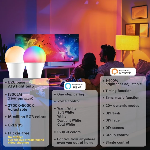 Alt view image 2 of 7 - Smart Light Bulbs 130W Equivalent, Color Changing Light Bulb, Work with Alexa Only, 16 Million Colors RGBWW, Music Sync, DIY Flash,1300LM A19 E26 Bluetooth Led Light Bulbs, No WiFi Required,4Pack