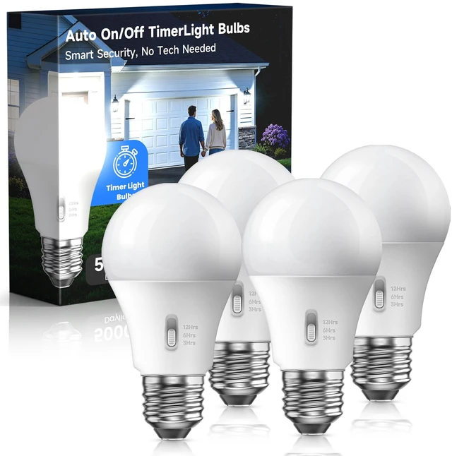Main image of Timer Light Bulb 100W Equivalent, 13W 5000K Bright White, A19 E26 LED, 4pcs | Super Bright Daylight Bulb with Built in Timer, Auto On/Off Security Light for Porch Outdoor Indoor Bedroom, Non-Dimmable