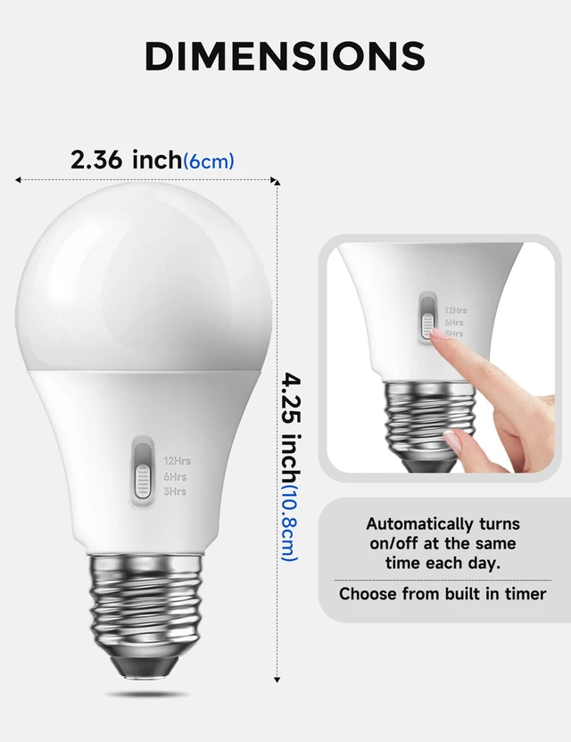 Alt view image 2 of 7 - Timer Light Bulb 100W Equivalent, 13W 5000K Bright White, A19 E26 LED, 4pcs | Super Bright Daylight Bulb with Built in Timer, Auto On/Off Security Light for Porch Outdoor Indoor Bedroom, Non-Dimmable