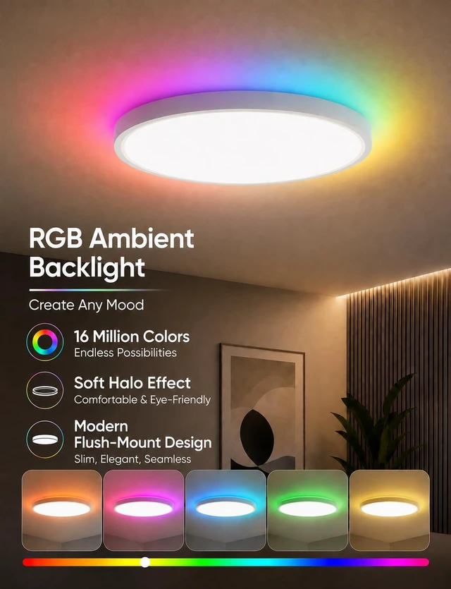 Alt view image 3 of 7 - Smart RGB Ceiling Light 12 Inch RGBCCT WiFi App Voice Control | 24W LED Flush Mount Light, 2700K-6500K, WiFi, 16M Colors, Dimmable