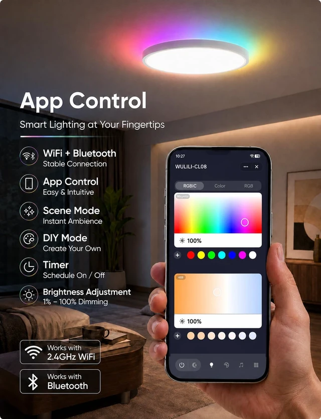Alt view image 4 of 7 - Smart RGB Ceiling Light 12 Inch RGBCCT WiFi App Voice Control | 24W LED Flush Mount Light, 2700K-6500K, WiFi, 16M Colors, Dimmable
