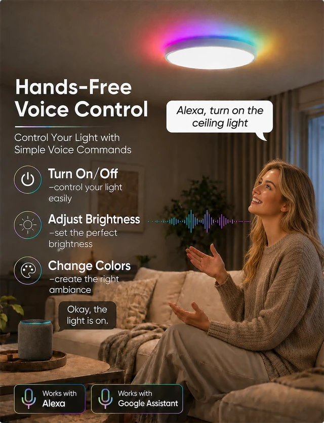 Alt view image 7 of 7 - Smart RGB Ceiling Light 12 Inch RGBCCT WiFi App Voice Control | 24W LED Flush Mount Light, 2700K-6500K, WiFi, 16M Colors, Dimmable