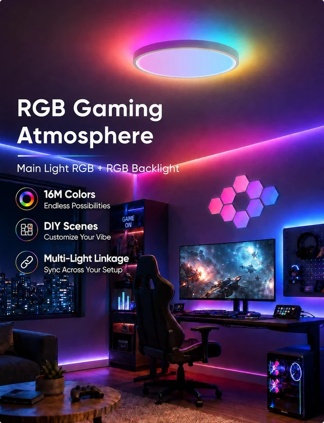 Alt view image 6 of 7 - Smart RGB Ceiling Light 12 Inch RGBCCT WiFi App Voice Control | 24W LED Flush Mount Light, 2700K-6500K, WiFi, 16M Colors, Dimmable