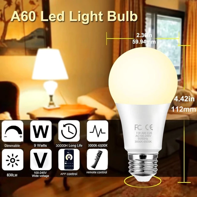 Alt view image 2 of 7 - E26 A60 9W Smart LED Light Bulb with a 2.4GHz Remote Control,Color Changing Led Bulbs,Stepless Dimmable 2700K-6500K,60W Incandescent Lamp Equivalent,800Lumens,Home Decor,1 Bulb & 1 Remote