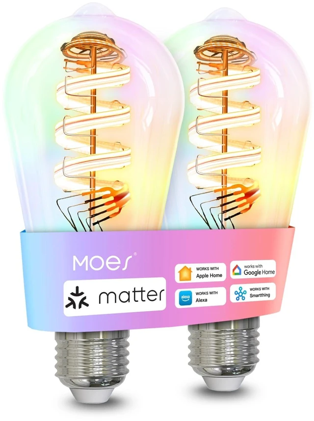 Main image of Matter Smart Bulb, Edison RGB Color Changing, Compatible with Alexa | Matter Smart Bulb, Vintage Edison ST64, 16M RGB Color Changing, Tunable White 2700K 6500K, Alexa Google Apple, E26 5W 2 Pack