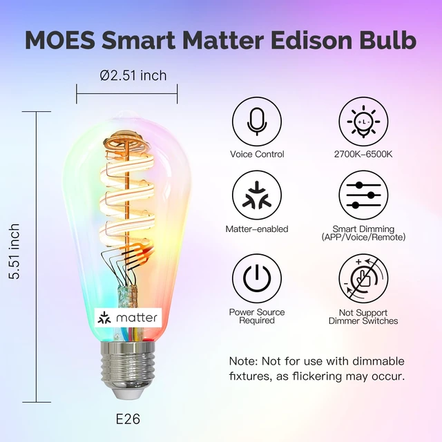 Alt view image 3 of 7 - Matter Smart Bulb, Edison RGB Color Changing, Compatible with Alexa | Matter Smart Bulb, Vintage Edison ST64, 16M RGB Color Changing, Tunable White 2700K 6500K, Alexa Google Apple, E26 5W 2 Pack