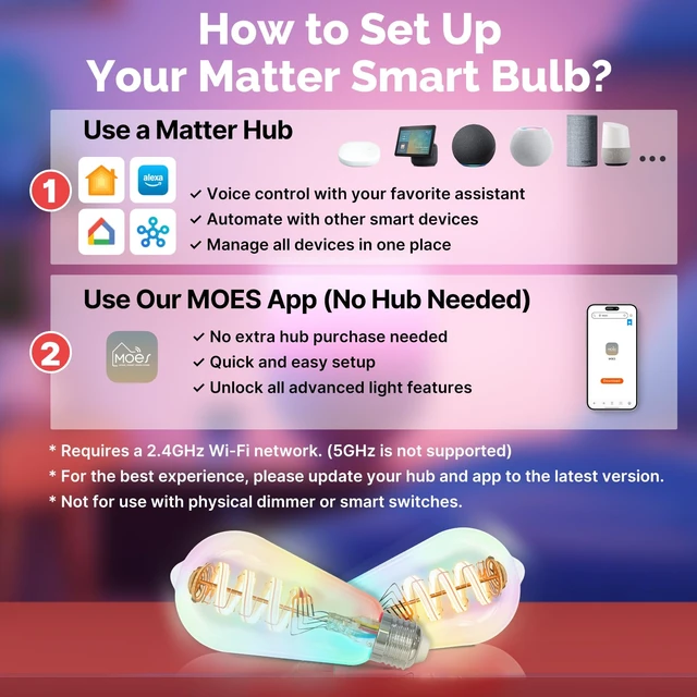 Alt view image 2 of 7 - Matter Smart Bulb, Edison RGB Color Changing, Compatible with Alexa | Matter Smart Bulb, Vintage Edison ST64, 16M RGB Color Changing, Tunable White 2700K 6500K, Alexa Google Apple, E26 5W 2 Pack