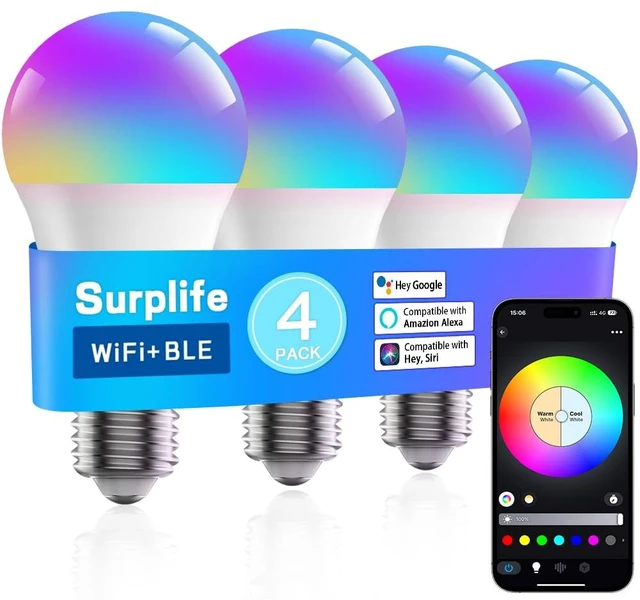 Main image of Smart Led Light Bulbs, Wi-Fi Magic Home Light Bulbs for Alexa & Google Assistant, E26, A19 Music Sync Color Changing Light Bulb, APP Remote Control on/off, Wireless, Bluetooth, 800LM, 60W,4Pack