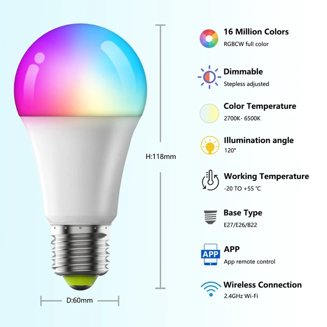 Alt view image 3 of 7 - Smart Led Light Bulbs, Wi-Fi Magic Home Light Bulbs for Alexa & Google Assistant, E26, A19 Music Sync Color Changing Light Bulb, APP Remote Control on/off, Wireless, Bluetooth, 800LM, 60W,4Pack