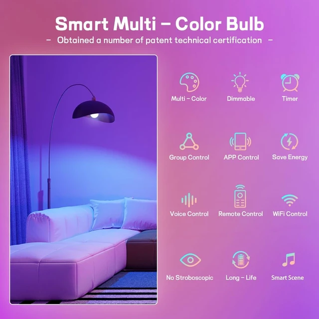 Alt view image 7 of 7 - Smart Led Light Bulbs, Wi-Fi Magic Home Light Bulbs for Alexa & Google Assistant, E26, A19 Music Sync Color Changing Light Bulb, APP Remote Control on/off, Wireless, Bluetooth, 800LM, 60W,4Pack