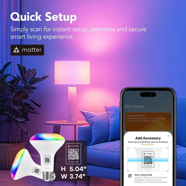 Alt view image 3 of 7 - Matter BR30 Smart Light Bulbs, RGBTW Flood Light Bulb, 4 Pack+Remote | Works with Alexa/Apple/Google Home/SmartThings, 650LM 60W, Music Sync, Color Changing&White Led Light Bulbs