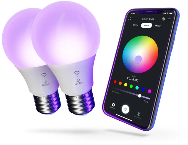 Main image of 34207 Wi-Fi Smart 10 Watt (60W Equivalent) Multicolor Changing RGB Tunable White Frosted LED Light Bulb 2-Pack, No Hub Required, Voice Activated, 2000K - 5000K, A19 Shape, E26 Base