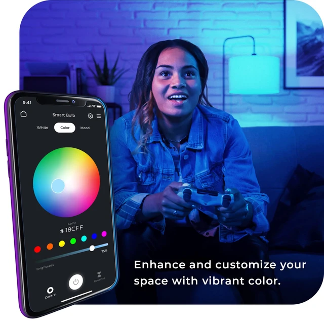 Alt view image 3 of 7 - 34207 Wi-Fi Smart 10 Watt (60W Equivalent) Multicolor Changing RGB Tunable White Frosted LED Light Bulb 2-Pack, No Hub Required, Voice Activated, 2000K - 5000K, A19 Shape, E26 Base