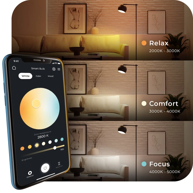 Alt view image 4 of 7 - 34207 Wi-Fi Smart 10 Watt (60W Equivalent) Multicolor Changing RGB Tunable White Frosted LED Light Bulb 2-Pack, No Hub Required, Voice Activated, 2000K - 5000K, A19 Shape, E26 Base