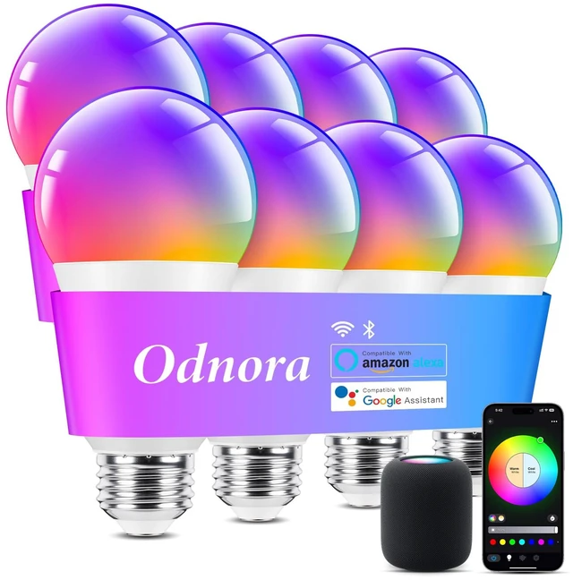 Main image of Smart A19 LED Light Bulb, Color Changing Light Bulbs, Compatible with Alexa & Google Assistant, Dimmable RGBTW, 2.4GHz Wi-Fi Bluetooth Bulbs, 9W (60W Equivalent), No Hub Required, 8 Packs
