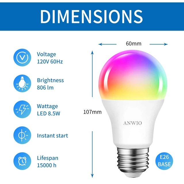 Alt view image 3 of 7 - A19 Smart Light Bulbs, 8.5W (60W Replacement), 806 Lumens, 2 Pack | E26 Color Changing Light Bulb Work with Alexa, Google Assistant, Smart Life App, Tuya App, 2.4Ghz only, No Hub Required