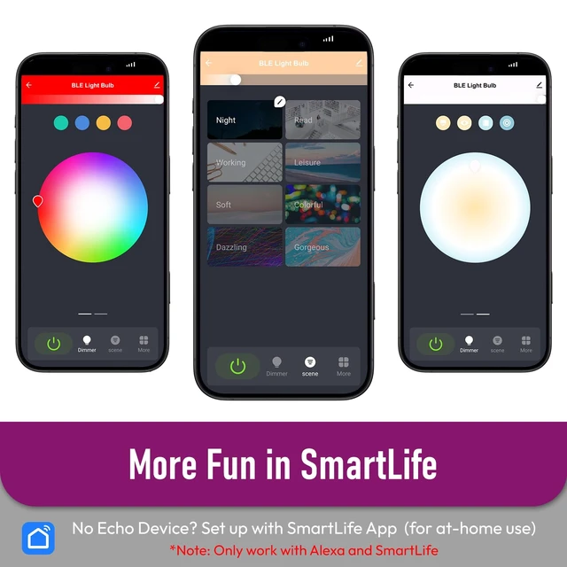 Alt view image 7 of 7 - Alexa Light Bulbs, 90+CRI Bluetooth Smart Light Bulbs, A19 E26 Bulb, RGBCW Color Changing Light Bulb, No WiFi Required, No Third-Party App Required, Schedule, 9W 800LM 60W Equivalent, 4 Pack