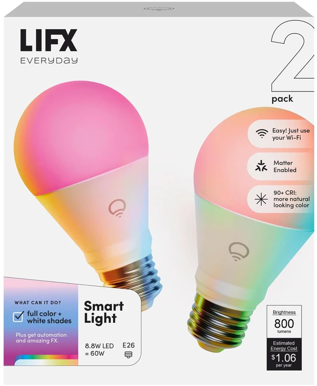 Main image of Smart Light Bulbs A19 - RGB Color Changing, 800 Lumens, Matter 2-Pack | Compatible with Alexa, Apple Homekit, WiFi 2.4GHz, E26, white 2700K-6500K, dimmable 60W Eq. for bedroom and lamps
