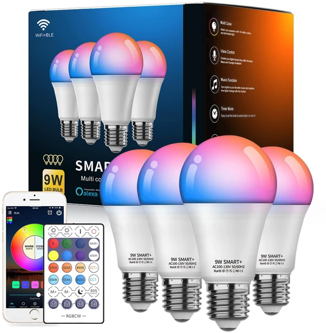 Main image of Smart Light Bulbs, WiFi & Bluetooth 5.0, Work with Alexa Google Assistant, App Control, Color Changing LED Bulb,E26 800LM Dimmable RGB Lights, Smart Home Lighting, Dimmable, 4Pack with Remote