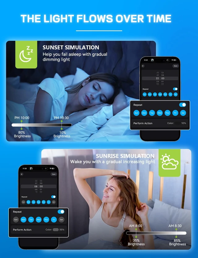 Alt view image 5 of 7 - Smart Light Bulbs, WiFi & Bluetooth 5.0, Work with Alexa Google Assistant, App Control, Color Changing LED Bulb,E26 800LM Dimmable RGB Lights, Smart Home Lighting, Dimmable, 4Pack with Remote