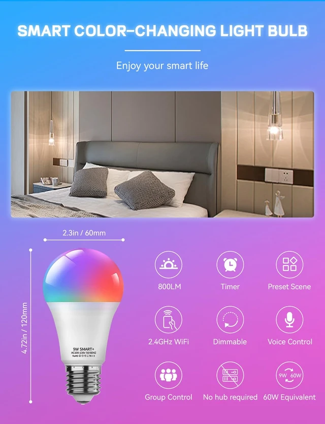 Alt view image 7 of 7 - Smart Light Bulbs, WiFi & Bluetooth 5.0, Work with Alexa Google Assistant, App Control, Color Changing LED Bulb,E26 800LM Dimmable RGB Lights, Smart Home Lighting, Dimmable, 4Pack with Remote