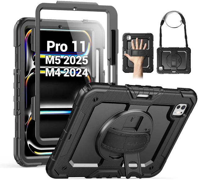 Main image of Case for iPad Pro 11 Inch M5 / M4 (2025/2024), Black | Heavy Duty Shockproof Protective, Built-in Screen Protector, 360° Rotating Stand, Hand/Shoulder Strap, Pencil Holder