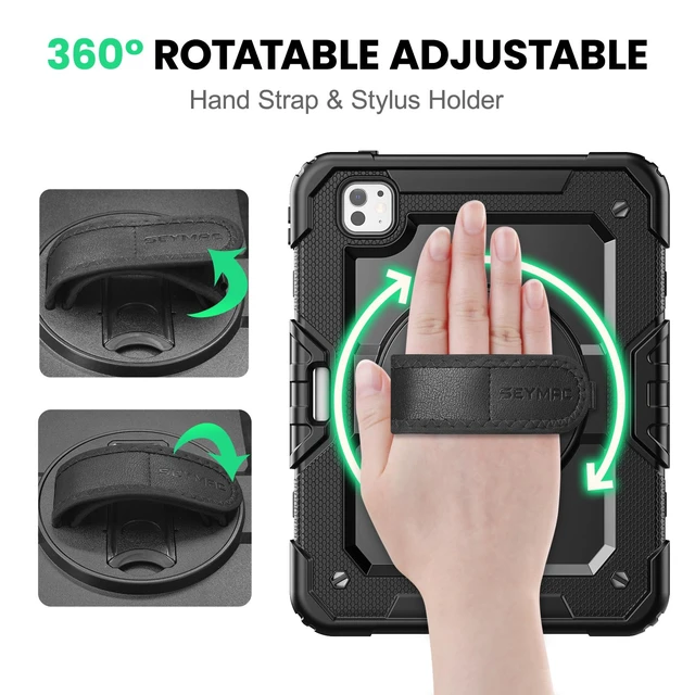 Alt view image 3 of 7 - Case for iPad Pro 11 Inch M5 / M4 (2025/2024), Black | Heavy Duty Shockproof Protective, Built-in Screen Protector, 360° Rotating Stand, Hand/Shoulder Strap, Pencil Holder