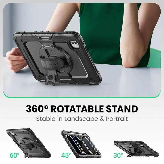 Alt view image 4 of 7 - Case for iPad Pro 11 Inch M5 / M4 (2025/2024), Black | Heavy Duty Shockproof Protective, Built-in Screen Protector, 360° Rotating Stand, Hand/Shoulder Strap, Pencil Holder