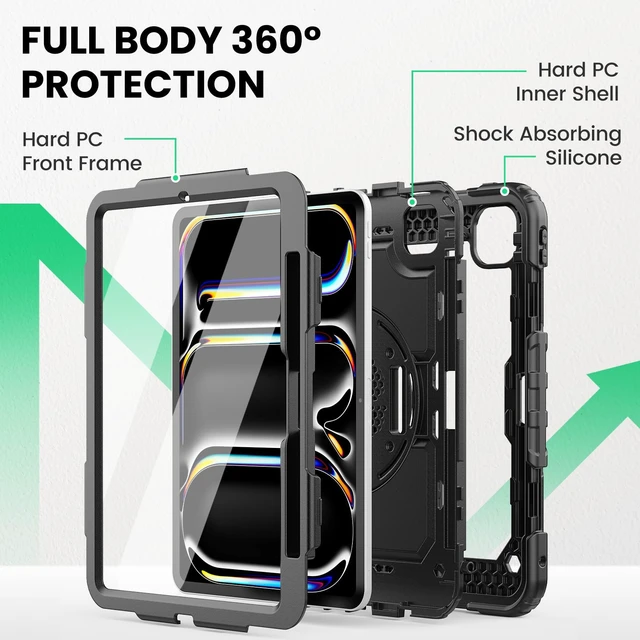 Alt view image 5 of 7 - Case for iPad Pro 11 Inch M5 / M4 (2025/2024), Black | Heavy Duty Shockproof Protective, Built-in Screen Protector, 360° Rotating Stand, Hand/Shoulder Strap, Pencil Holder