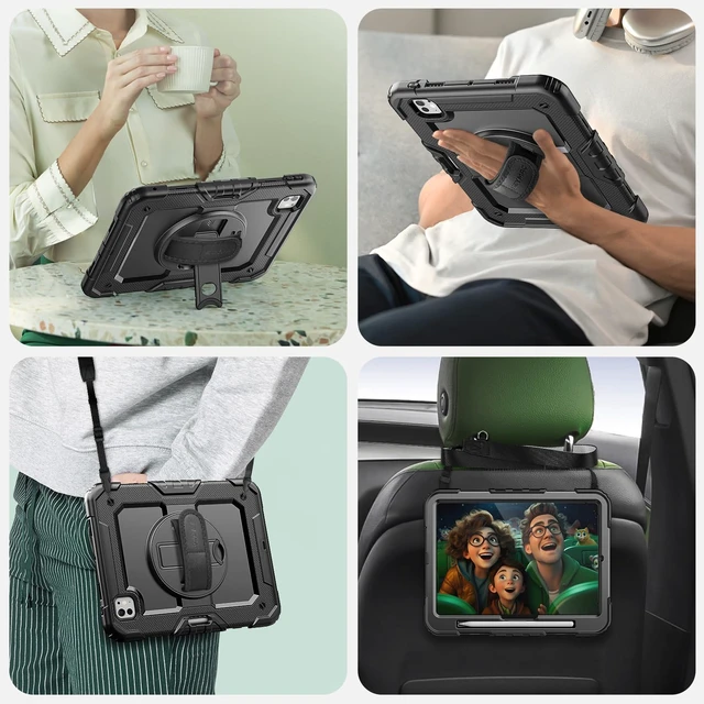 Alt view image 6 of 7 - Case for iPad Pro 11 Inch M5 / M4 (2025/2024), Black | Heavy Duty Shockproof Protective, Built-in Screen Protector, 360° Rotating Stand, Hand/Shoulder Strap, Pencil Holder