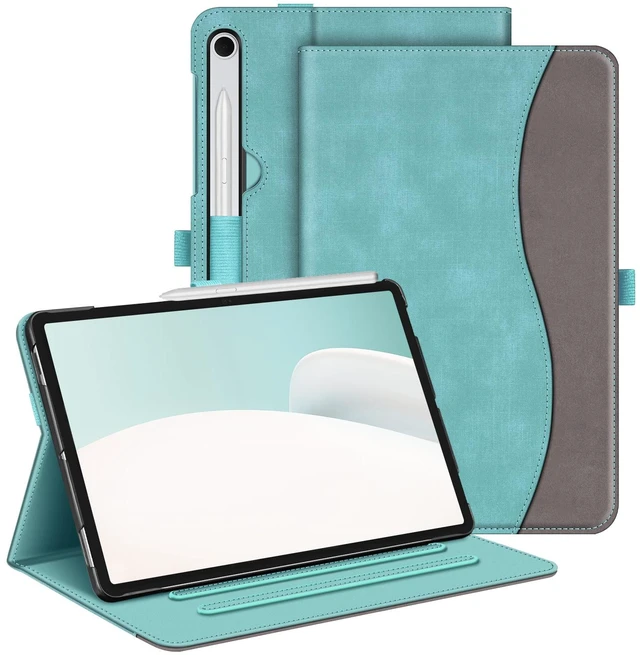 Main image of Multi-Angle Case for Samsung Galaxy Tab S10 Lite/S10 FE/S9 FE 10.9'' | Front Card Pocket, Drop Proof, Scratch-Free Microfiber, S Pen Holder, Auto Wake/Sleep, for Business Travel, Turquoise/Brown