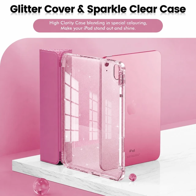 Alt view image 3 of 7 - Glitter Case for iPad A16 11th/10th Generation 11/10.9 Inch | 2025/2022 Sparkly Clear Cute Protective Cover Back with Pencil Holder For Kids Girls Rose Pink