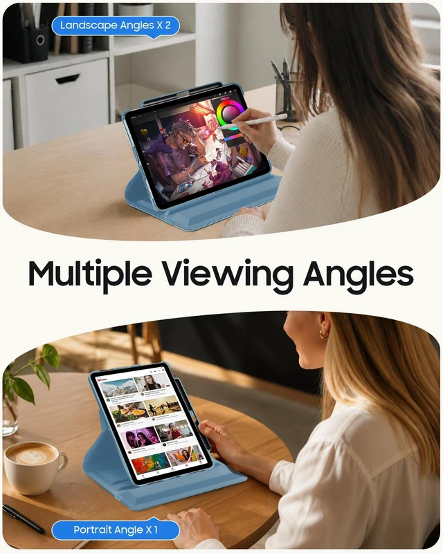Alt view image 3 of 7 - Rotating Case for iPad Air 11-inch & iPad Air 5th/4th Gen 10.9 inch | 360° Swivel Stand, Portrait & Landscape Viewing, Shockproof Cover with Pencil Holder, Auto Wake/Sleep, Slate Blue