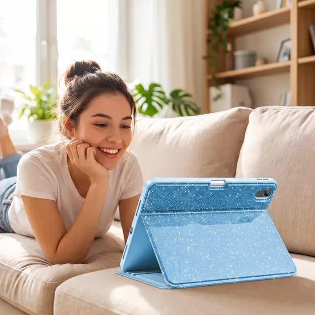 Alt view image 7 of 7 - for iPad A16 11th/10th Gen Glitter Case with Pencil Holder -Blue | Multi-Angle Cute Folio Slim Stand Book Cover Sparkly Notebook for Note-Taking Study Drawing Sketching Support Auto Sleep/Wake